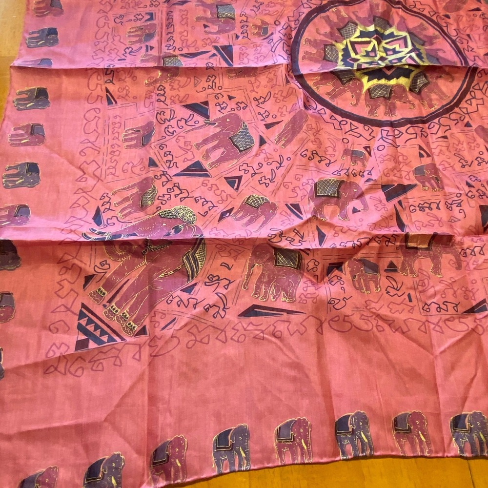 Thai Silk Scarf Women Pink Excellent Elephant Mandala Hand Printed Thailand